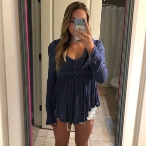 Washed Indigo Free People long, flare sleeved top